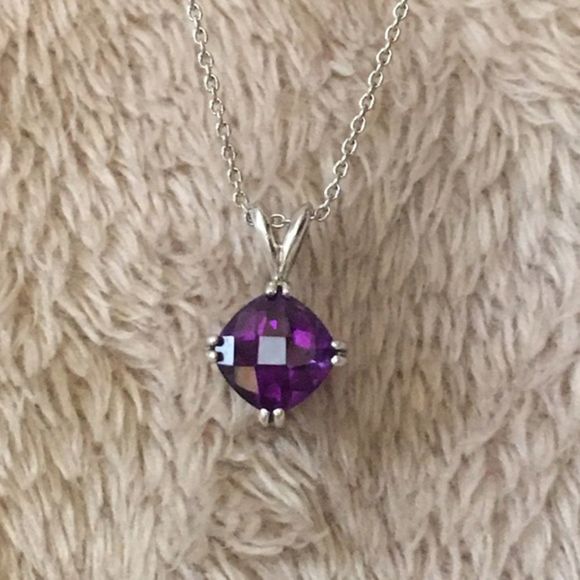 Faceted Purple Amethyst Cushion Cut Pendant and Sterling Silver 18 inch Necklace - Picture 8 of 9